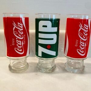 Lot Of 3 Antique Vintage Coca-Cola Coke 7up Soda Glass Tumblers Green Red Sz 7"